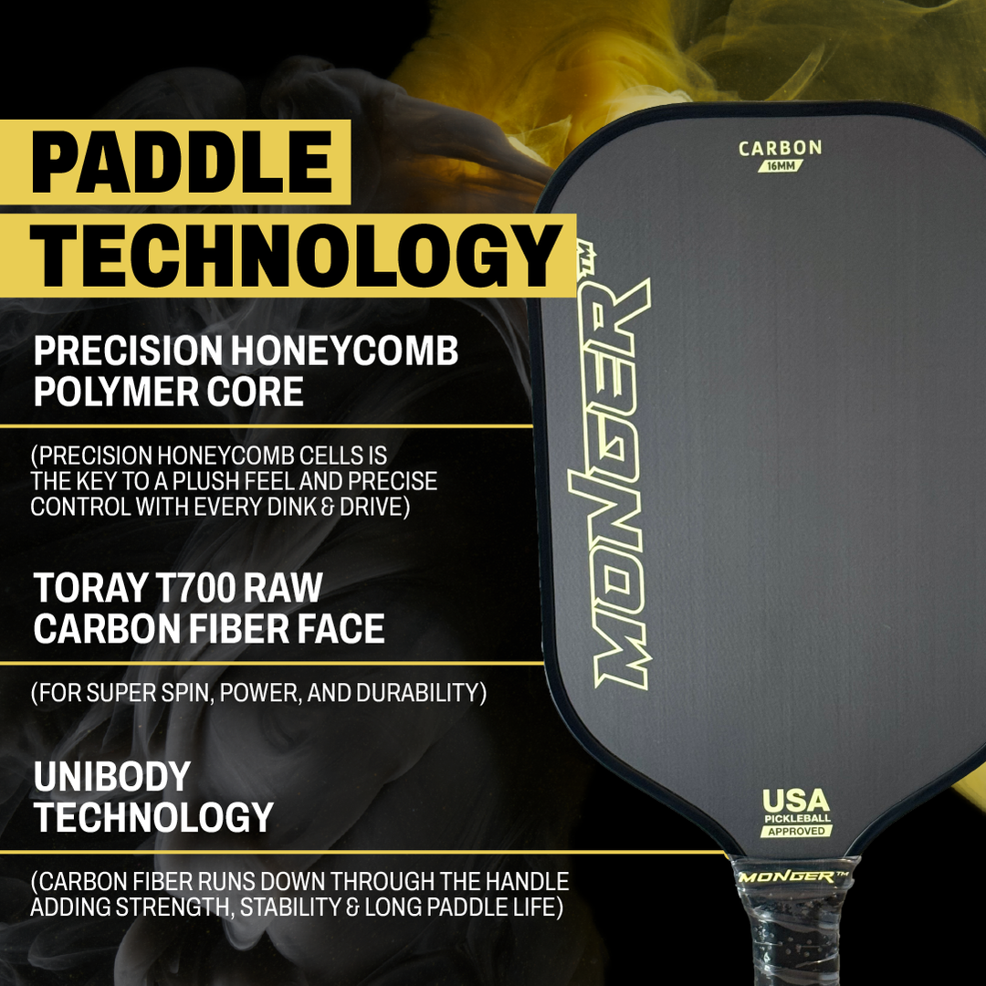 Pala de Pickleball Monger “Control” T700 Toray de fibra de carbono de 16 mm