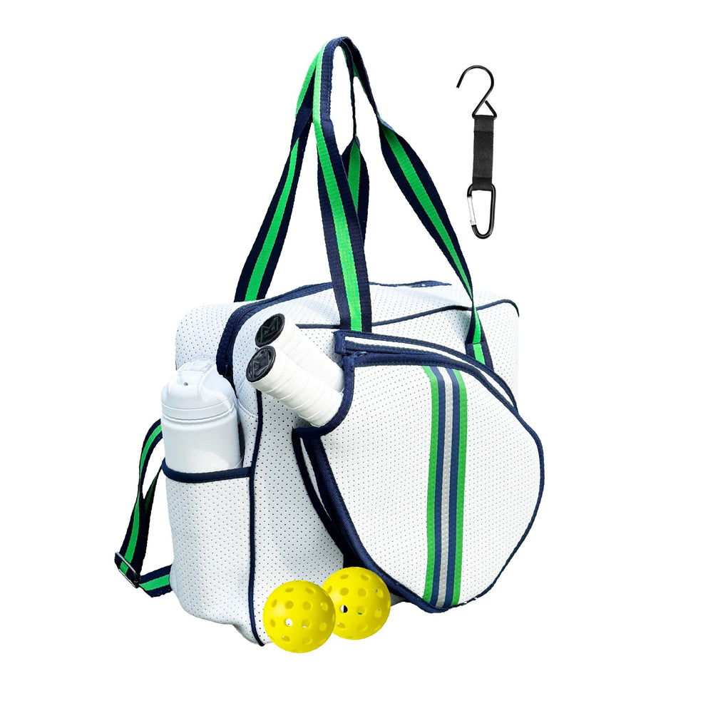 White & Green Pickleball Bag with Adjustable Straps & Fence Hook