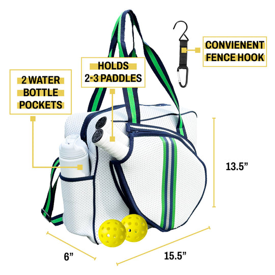 White & Green Pickleball Bag with Adjustable Straps & Fence Hook