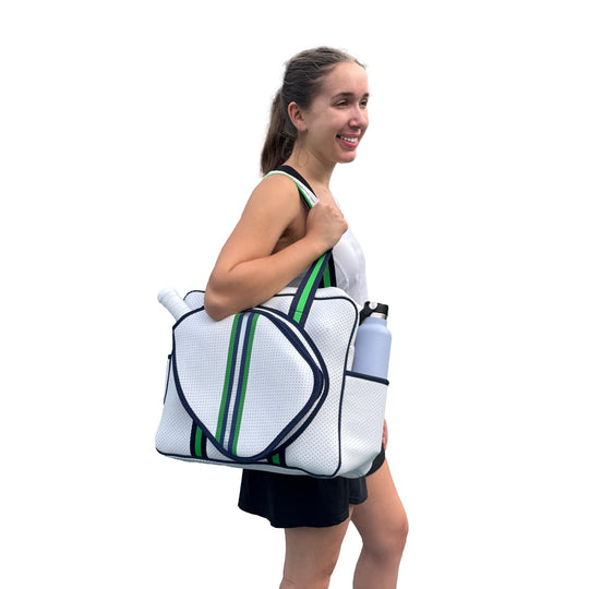 White & Green Pickleball Bag with Adjustable Straps & Fence Hook