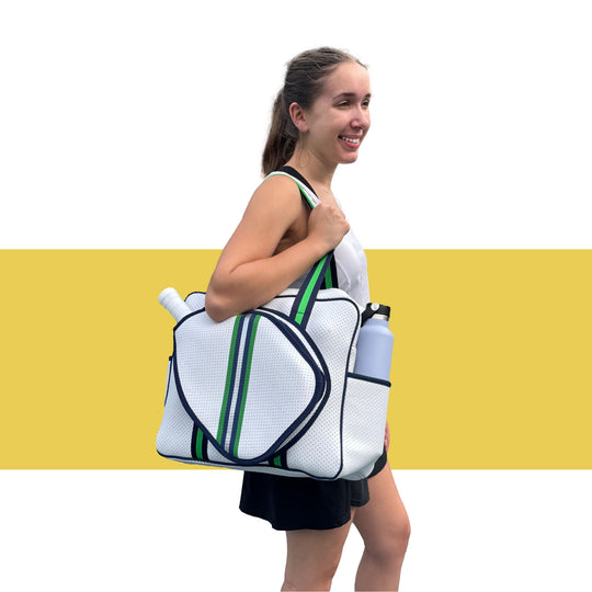 White & Green Pickleball Bag with Adjustable Straps & Fence Hook